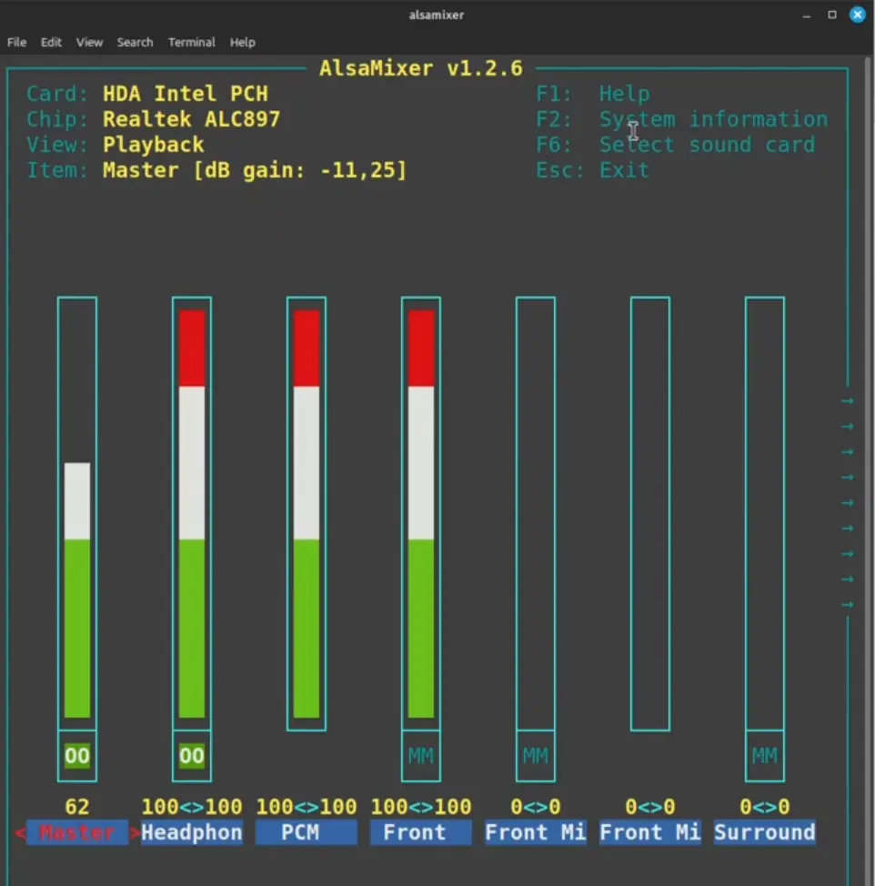 ALSA Mixer interface showing audio control sliders