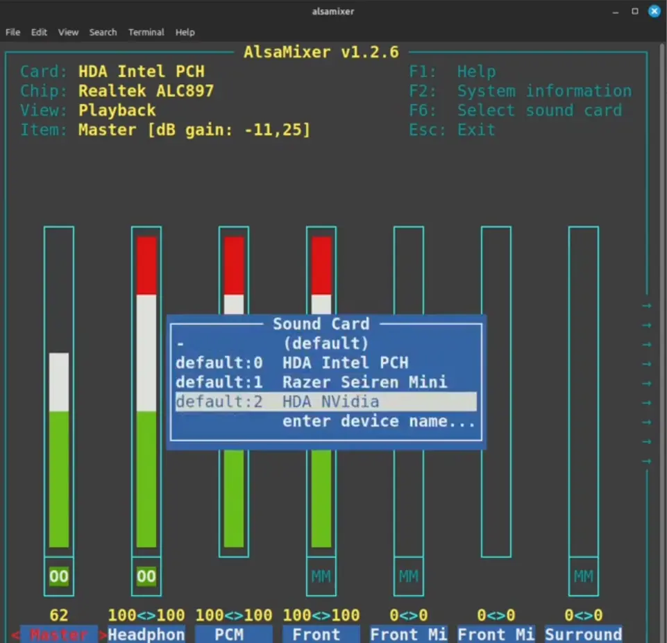 Sound card selection menu in ALSA Mixer