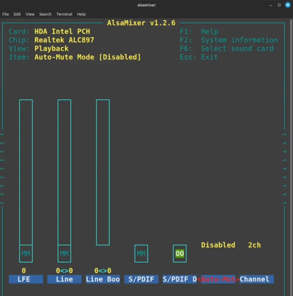 ALSA Mixer showing Auto-Mute Mode disabled