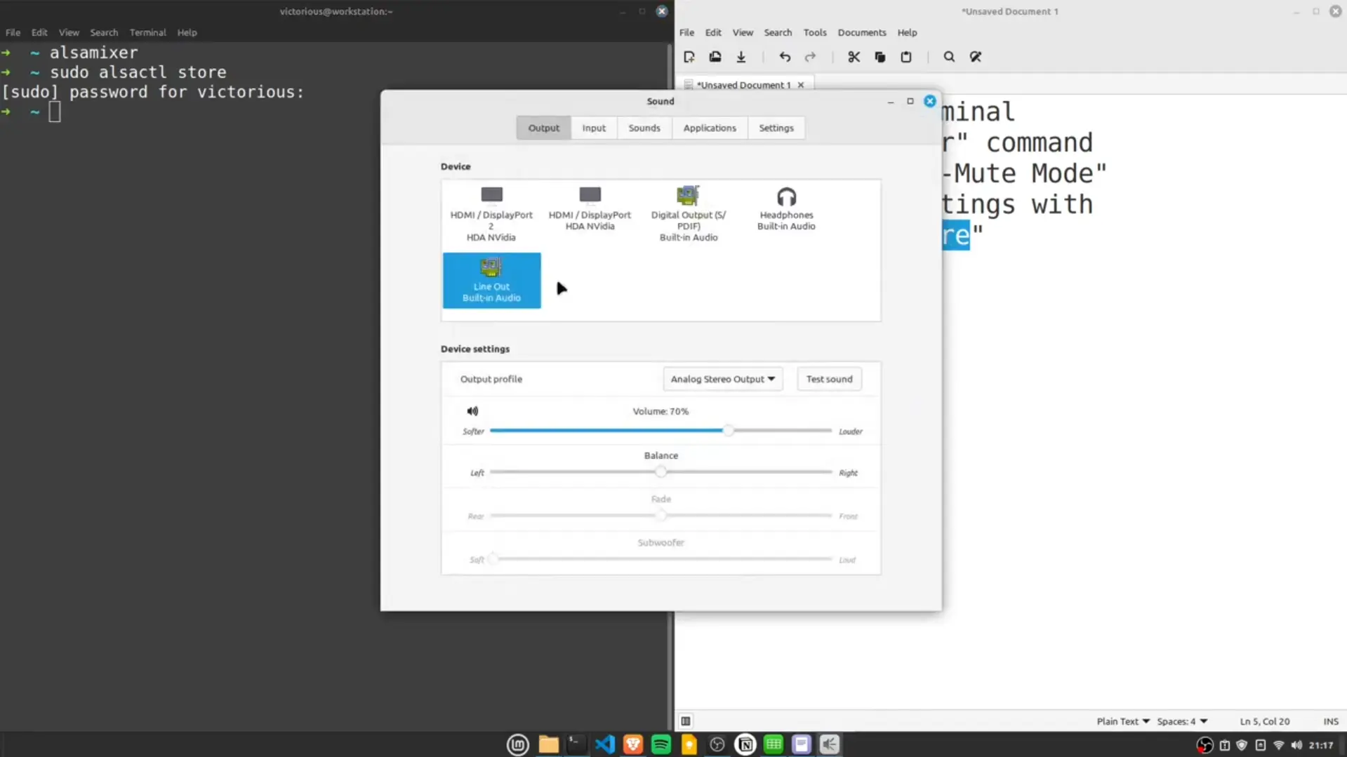 Ubuntu sound settings showing output device selection